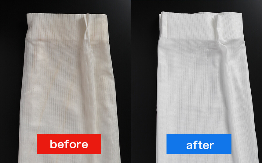 黄ばんだカーテンを酸素の洗剤サンソリキで漂白した使用前後の写真